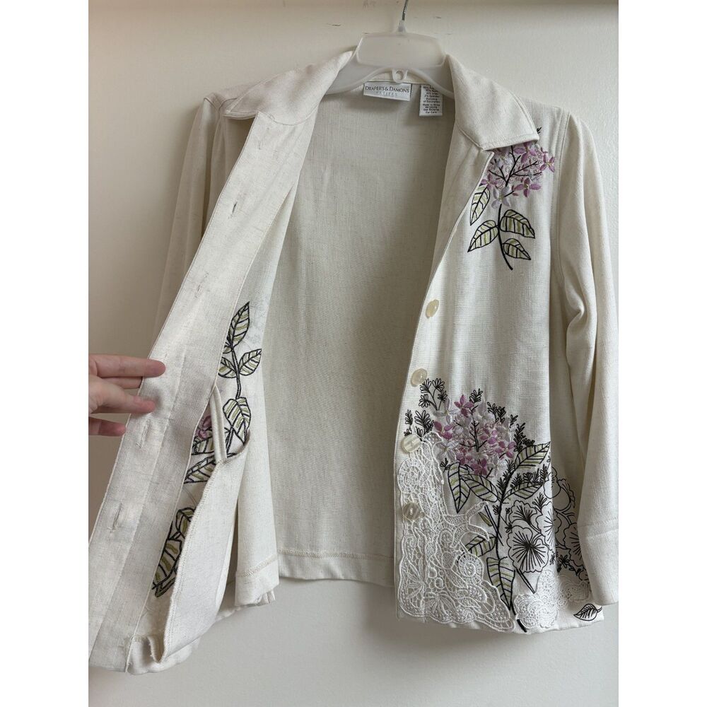 Vtg Draper’s & Damon’s Cream Blazer Beaded Petite Small Floral Lace Linen Asian - Picture 6 of 8